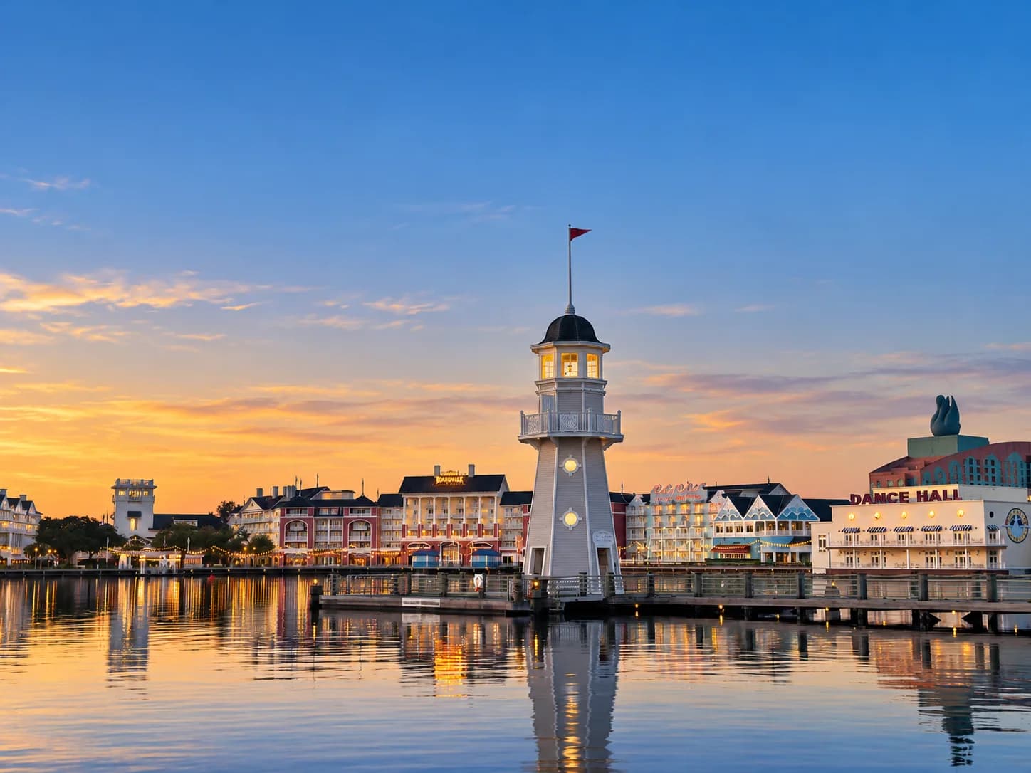 Disney's BoardWalk lighthouse at sunset